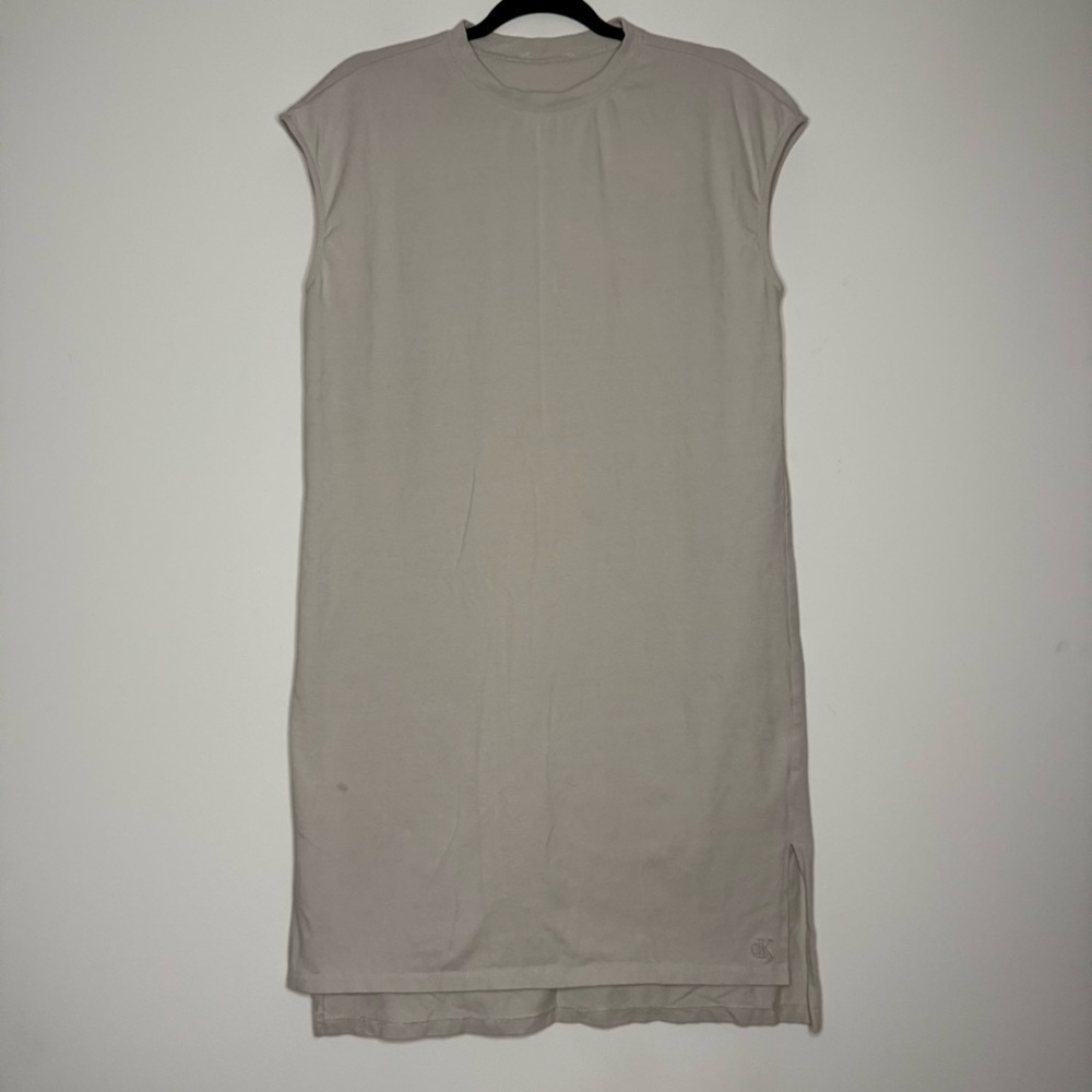 CALVIN KLEIN Cotton Minimalist Sleeveless Split Hem Tan Cream T-shirt Dress